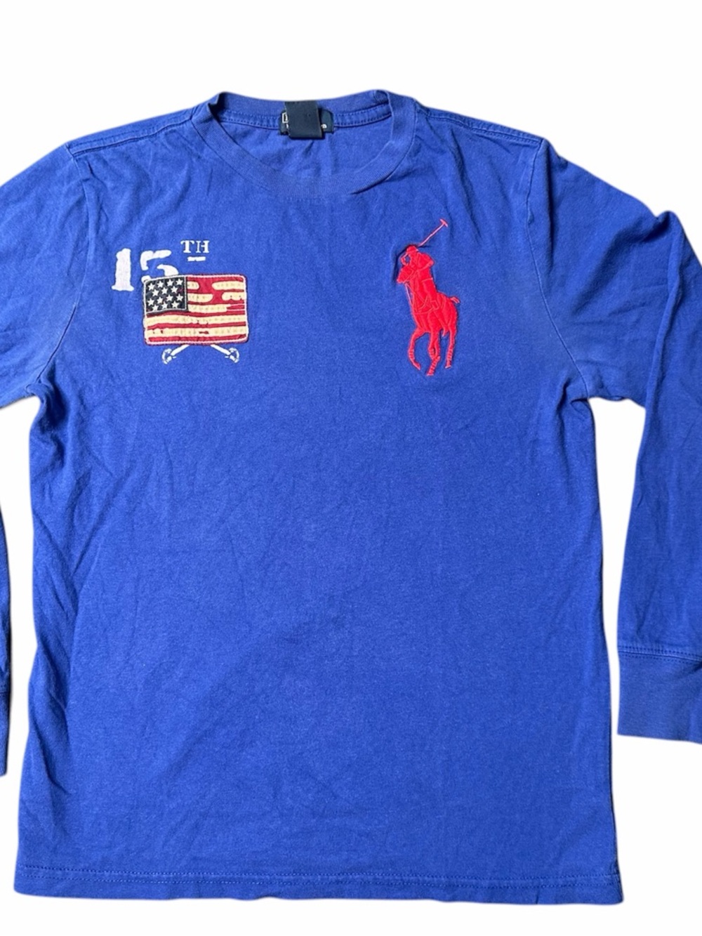 Ralph Lauren Kids Long-Sleeve Tee - Blue with American Flag and Big Horse Logo